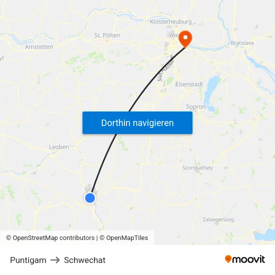 Puntigam to Schwechat map