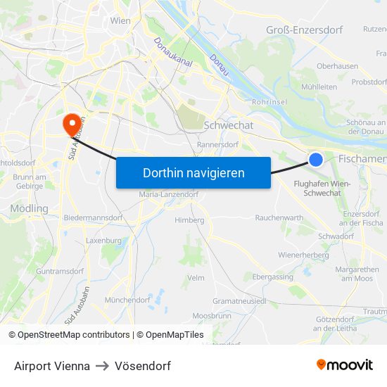 Airport Vienna to Vösendorf map