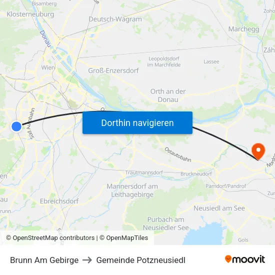 Brunn Am Gebirge to Gemeinde Potzneusiedl map