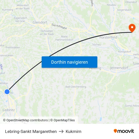 Lebring-Sankt Margarethen to Kukmirn map
