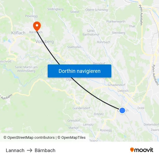 Lannach to Bärnbach map