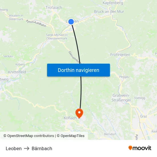 Leoben to Bärnbach map