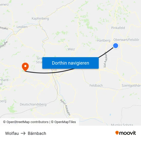 Wolfau to Bärnbach map