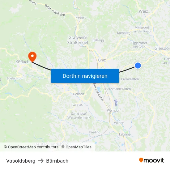 Vasoldsberg to Bärnbach map