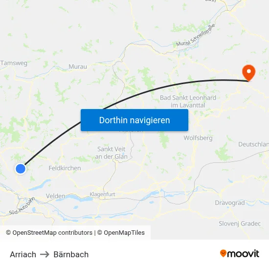 Arriach to Bärnbach map