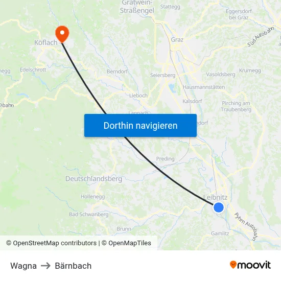 Wagna to Bärnbach map