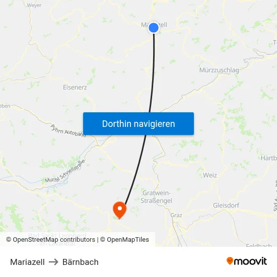Mariazell to Bärnbach map
