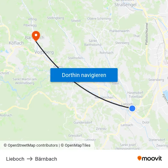 Lieboch to Bärnbach map