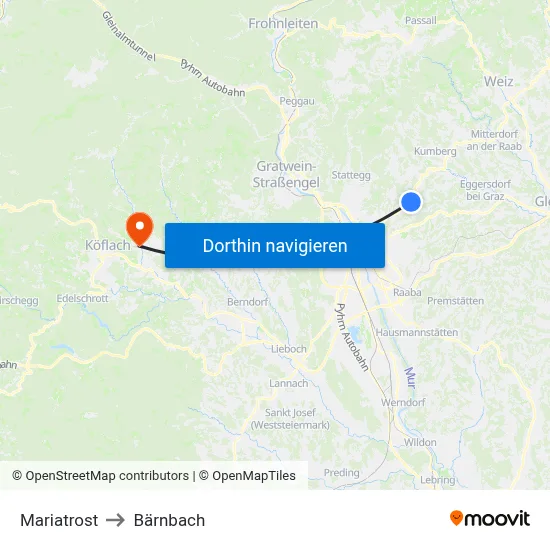 Mariatrost to Bärnbach map