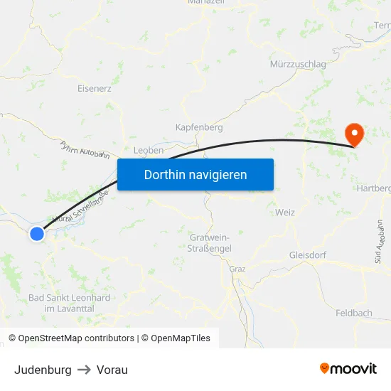 Judenburg to Vorau map