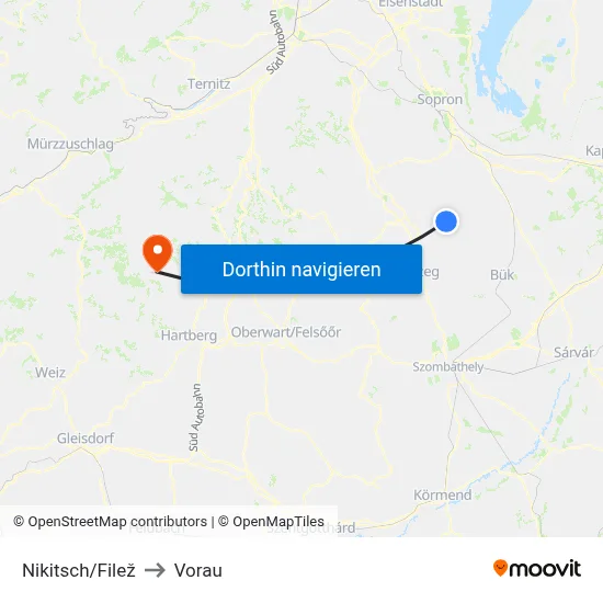 Nikitsch/Filež to Vorau map