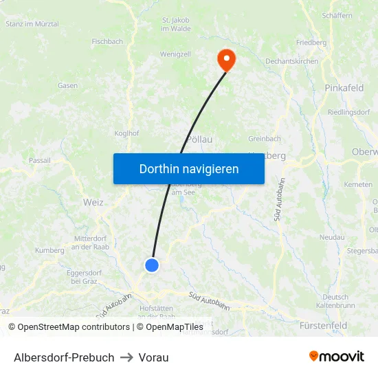 Albersdorf-Prebuch to Vorau map