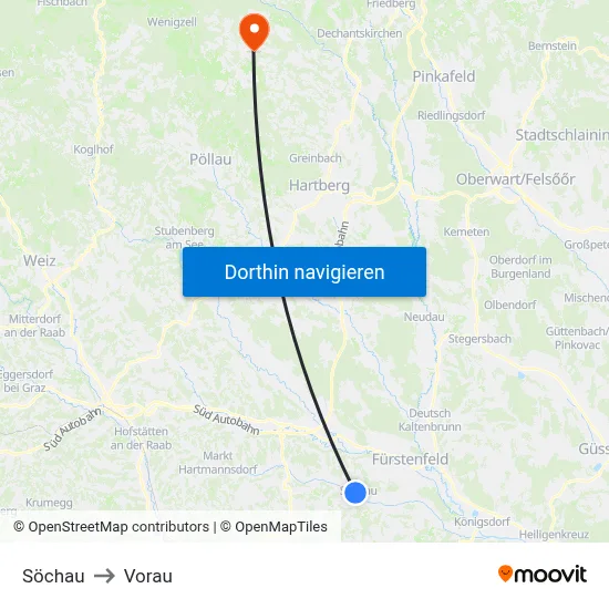 Söchau to Vorau map