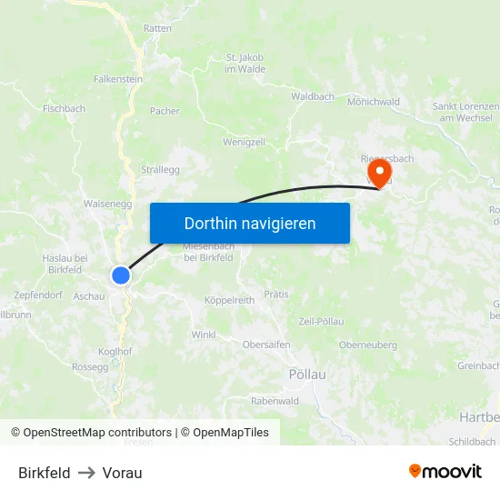 Birkfeld to Vorau map