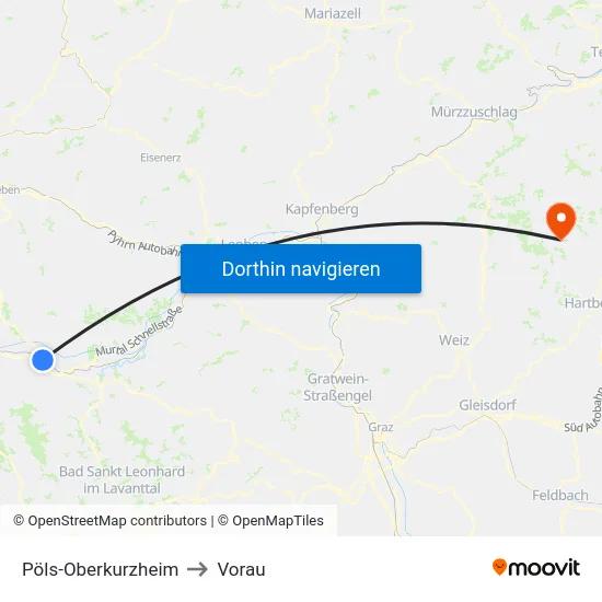 Pöls-Oberkurzheim to Vorau map