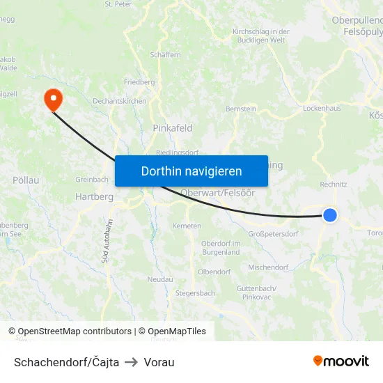Schachendorf/Čajta to Vorau map
