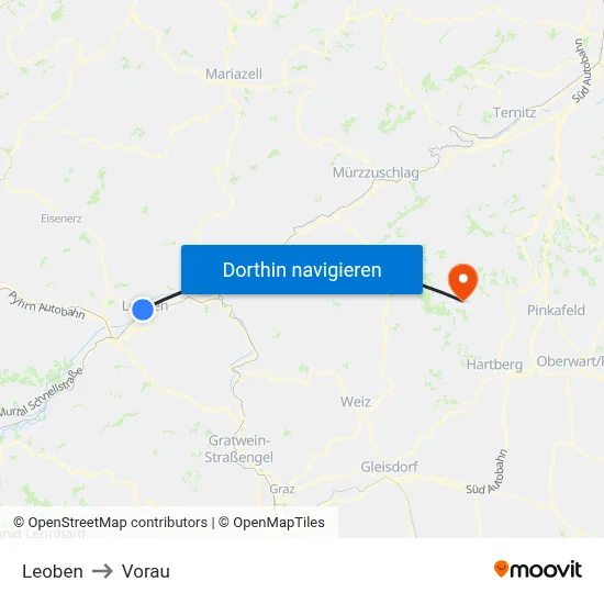 Leoben to Vorau map