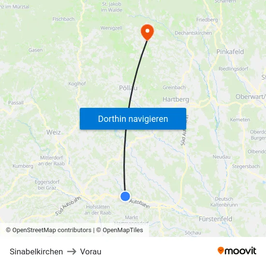 Sinabelkirchen to Vorau map