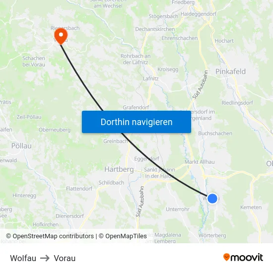 Wolfau to Vorau map