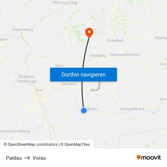 Paldau to Vorau map