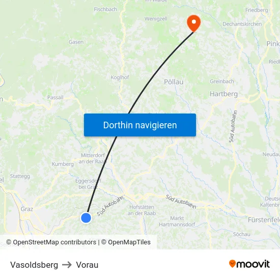 Vasoldsberg to Vorau map