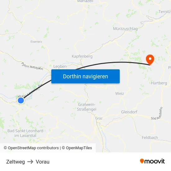 Zeltweg to Vorau map