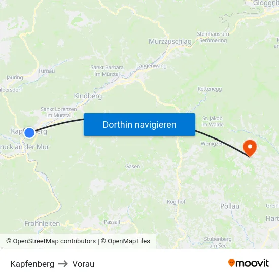 Kapfenberg to Vorau map