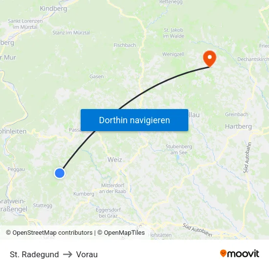 St. Radegund to Vorau map