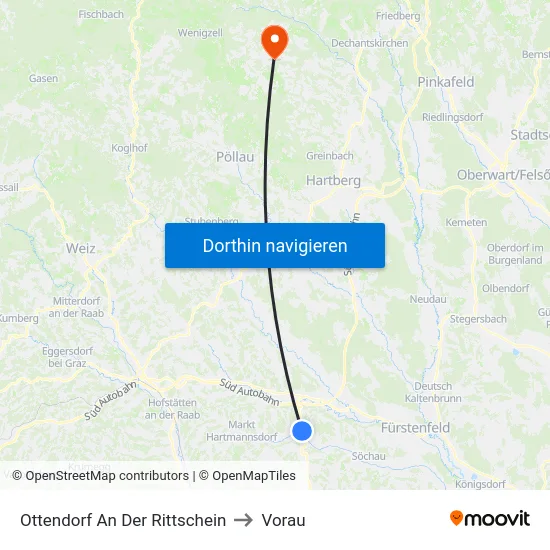Ottendorf An Der Rittschein to Vorau map