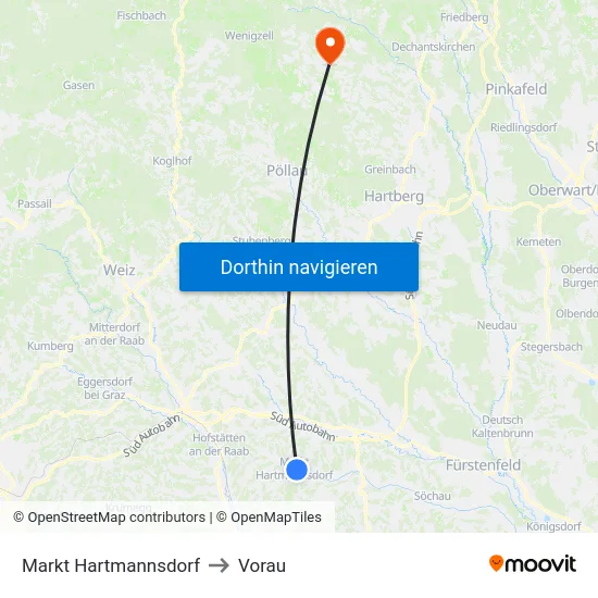 Markt Hartmannsdorf to Vorau map
