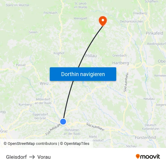 Gleisdorf to Vorau map
