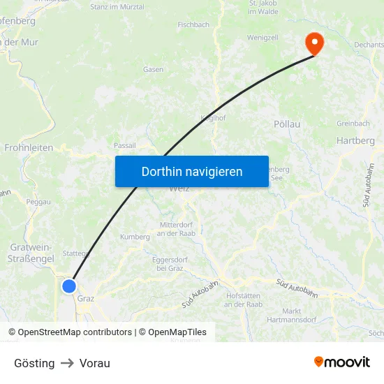 Gösting to Vorau map
