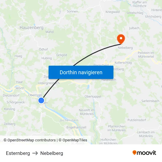 Esternberg to Nebelberg map