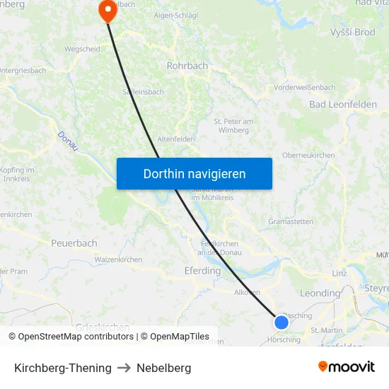 Kirchberg-Thening to Nebelberg map