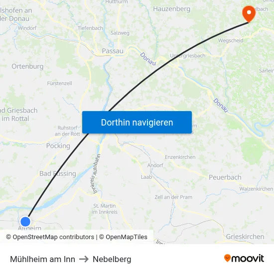Mühlheim am Inn to Nebelberg map