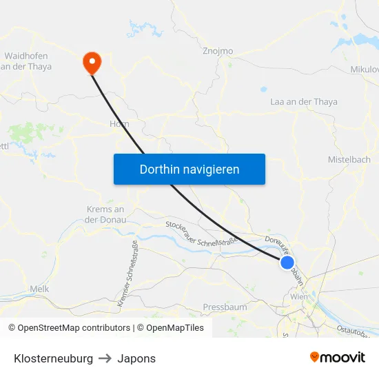 Klosterneuburg to Japons map
