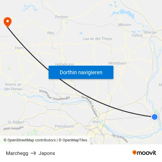 Marchegg to Japons map