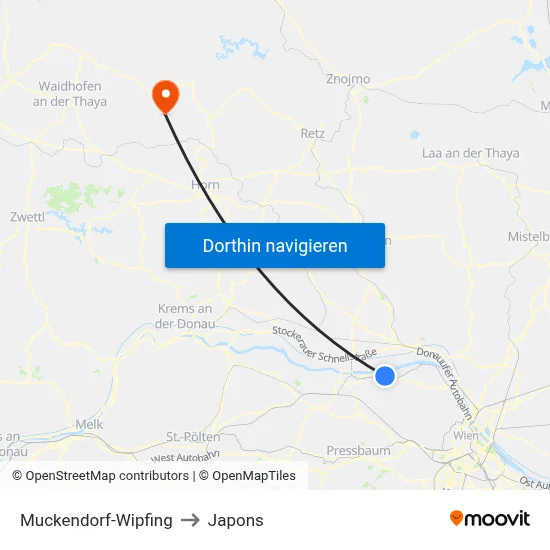 Muckendorf-Wipfing to Japons map