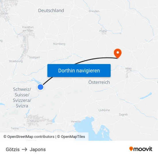 Götzis to Japons map