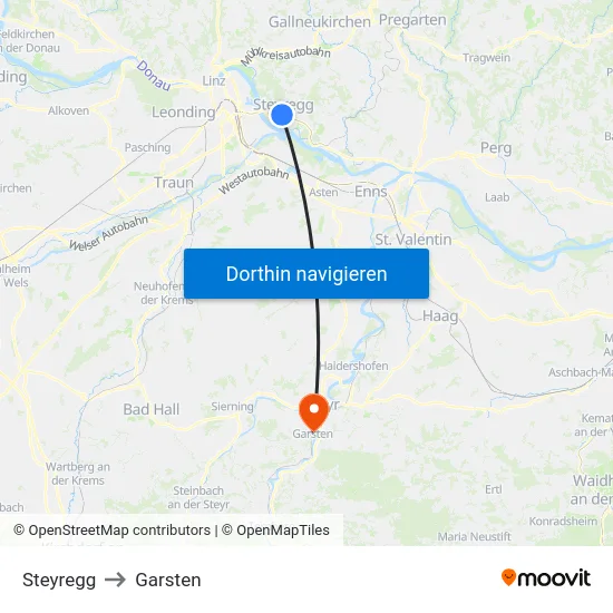 Steyregg to Garsten map