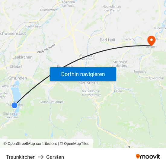 Traunkirchen to Garsten map