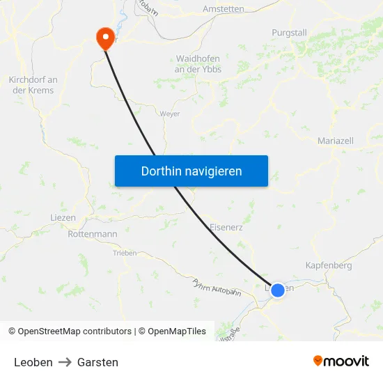 Leoben to Garsten map