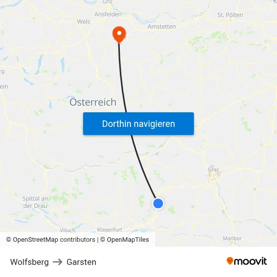 Wolfsberg to Garsten map
