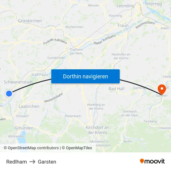 Redlham to Garsten map