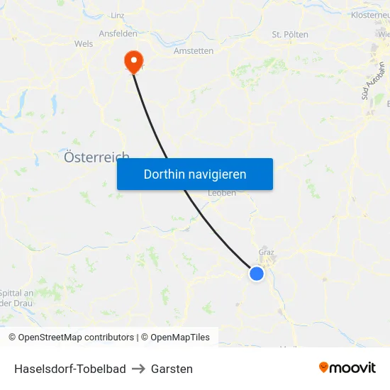 Haselsdorf-Tobelbad to Garsten map
