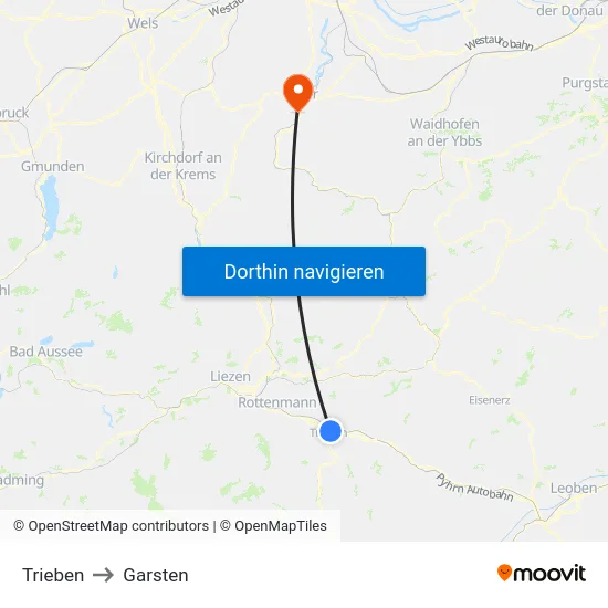 Trieben to Garsten map
