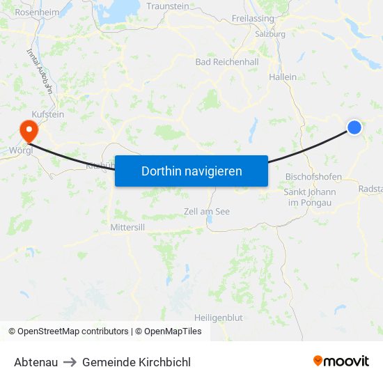 Abtenau to Gemeinde Kirchbichl map