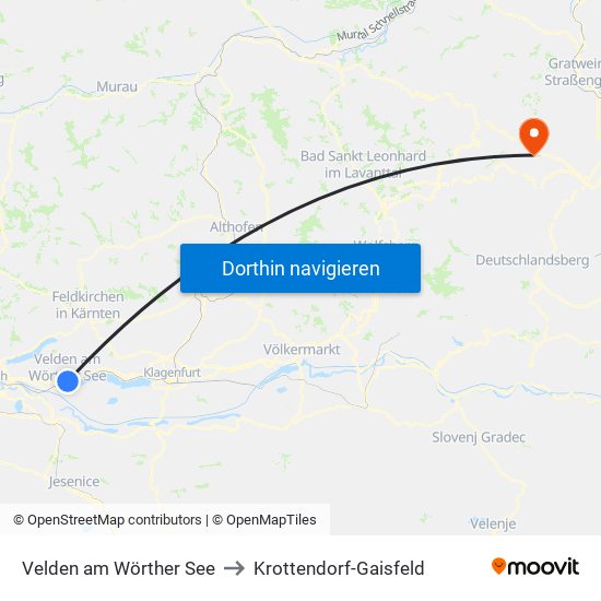 Velden am Wörther See to Krottendorf-Gaisfeld map