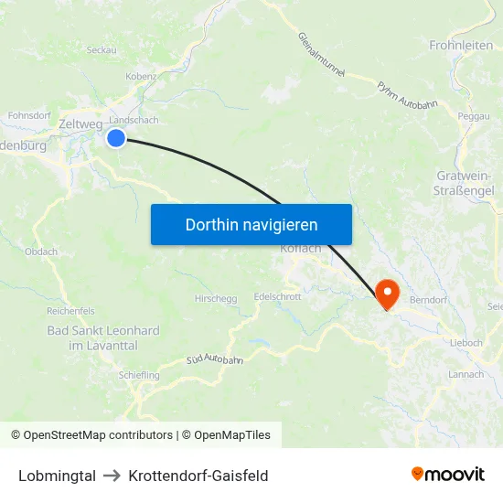 Lobmingtal to Krottendorf-Gaisfeld map