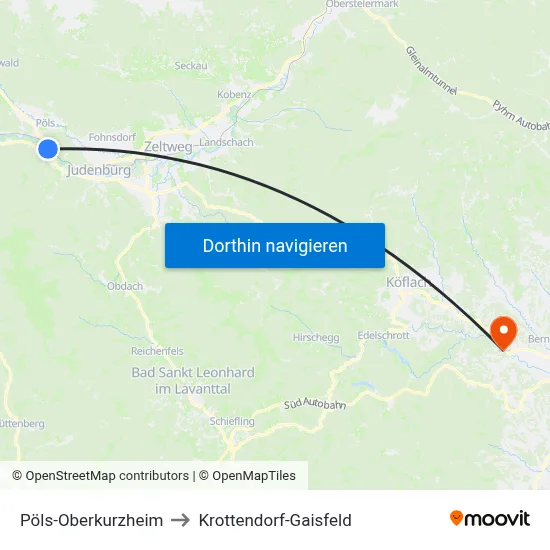 Pöls-Oberkurzheim to Krottendorf-Gaisfeld map